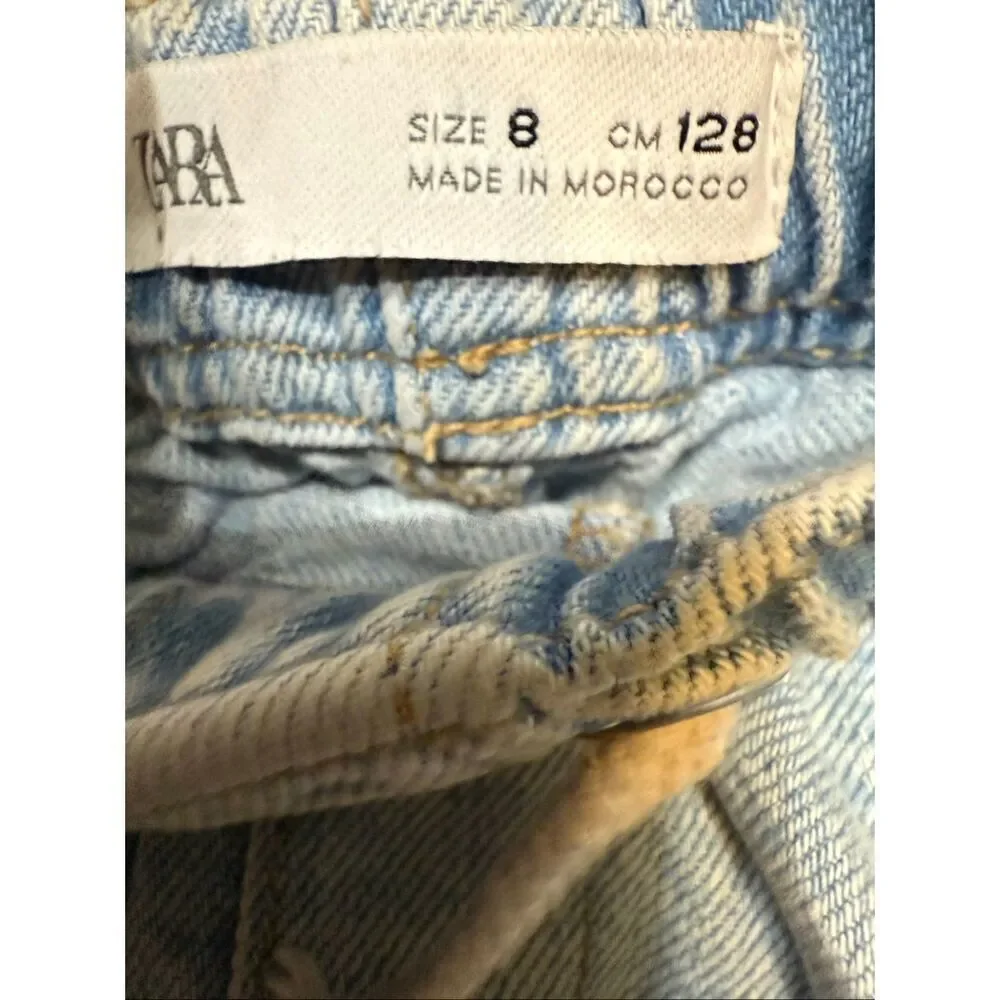Zara Girls Elastic Waist Drawstring Frayed Denim Cut Off Short Wash Blue Size 8